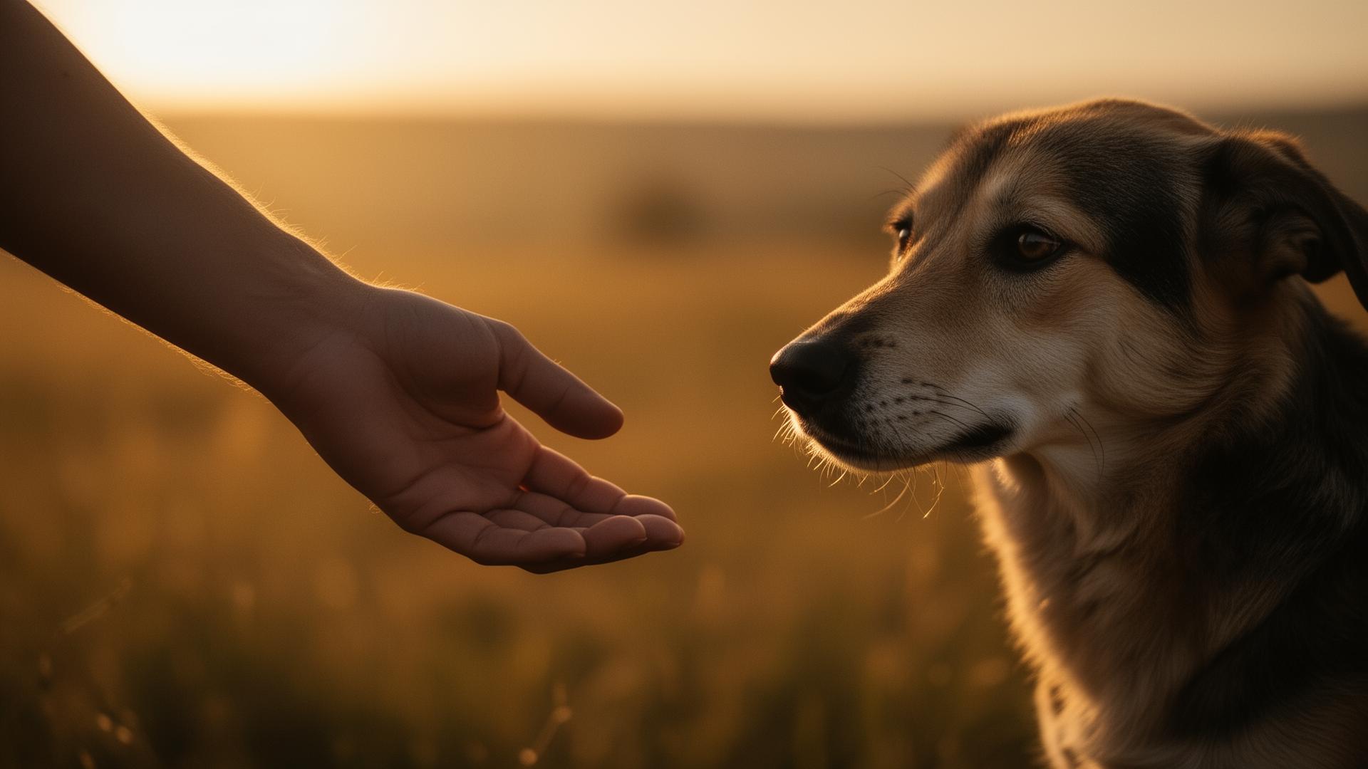 A hand reaching toward a stray dog at golden hour — empathy becoming action