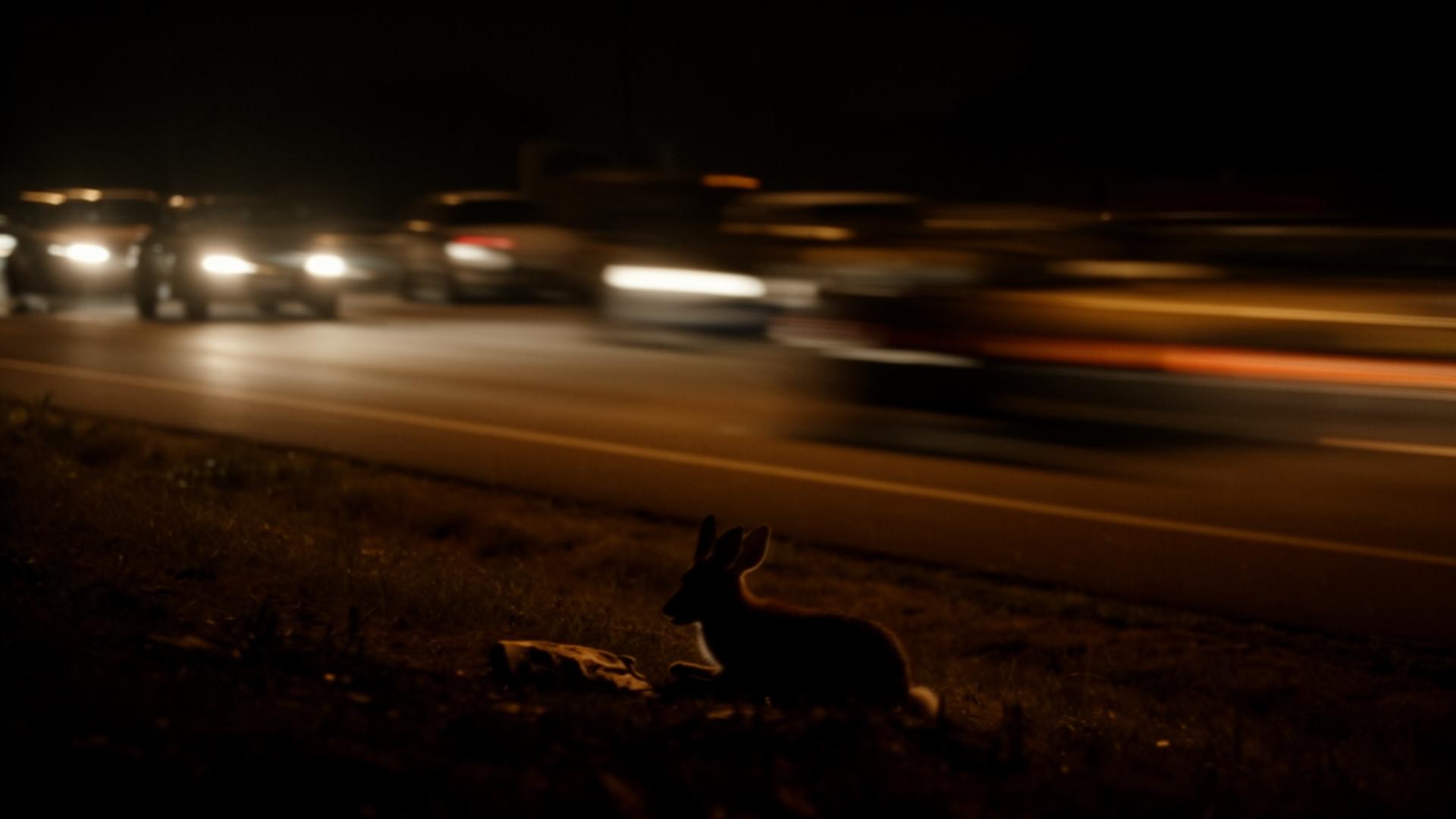 A small animal lies beside a highway as traffic streaks past at night